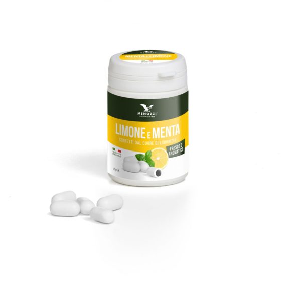 LIMONE e MENTA, confetti gusto limone e menta con anima di liquirizia in barattolo di plastica (45 g)