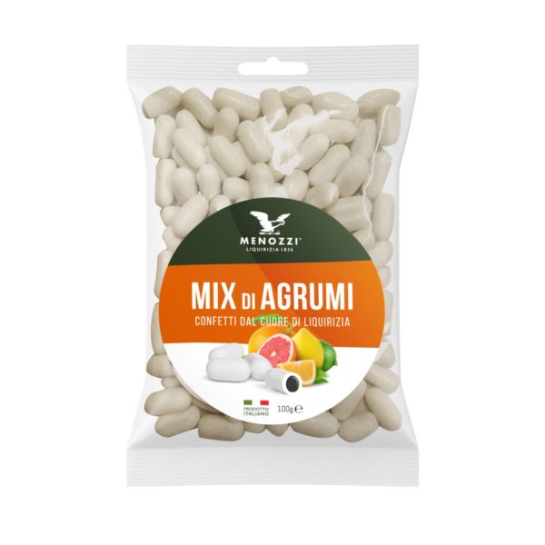 Confetti gusto mix di agrumi con anima di liquirizia in bustina plastica trasparente (100 g)