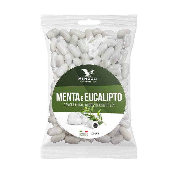 Confetti gusto eucalipto con anima di liquirizia in bustina plastica trasparente (100 g)