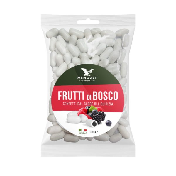 Confetti gusto frutti di bosco con anima di liquiriza in bustina plastica trasparente (100 g)