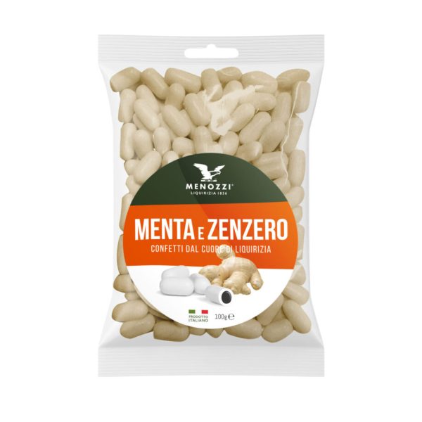 Confetti gusto zenzero con anima di liquiriza in bustina plastica trasparente (100 g)