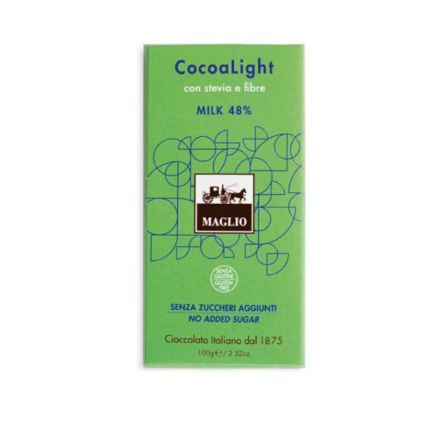 CocoaLight, tavoletta senza zuccheri aggiunti, con stevia e fibre. Latte 48% cacao (100 g)