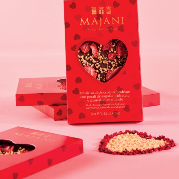 PETALI D’AMORE, Tavoletta di finissimo cioccolato fondente extra con petali di fragola disidratata e granella di mandorle (115 g)