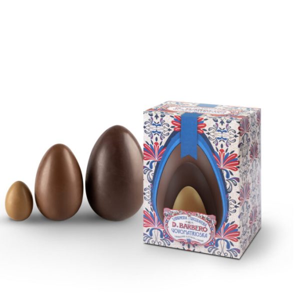 Uovo matrioska 3 uova in uno: uovo di cioccolato fondente che racchiude un uovo di cioccolato al latte che racchiude un ovetto al caramello (6x 300 g)