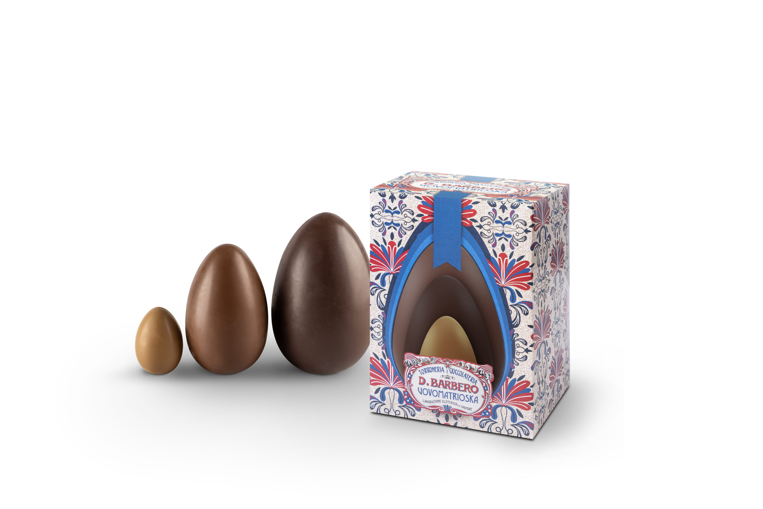 Uovo matrioska 3 uova in uno: uovo di cioccolato fondente che racchiude un uovo di cioccolato al latte che racchiude un ovetto al caramello (6x 300 g)