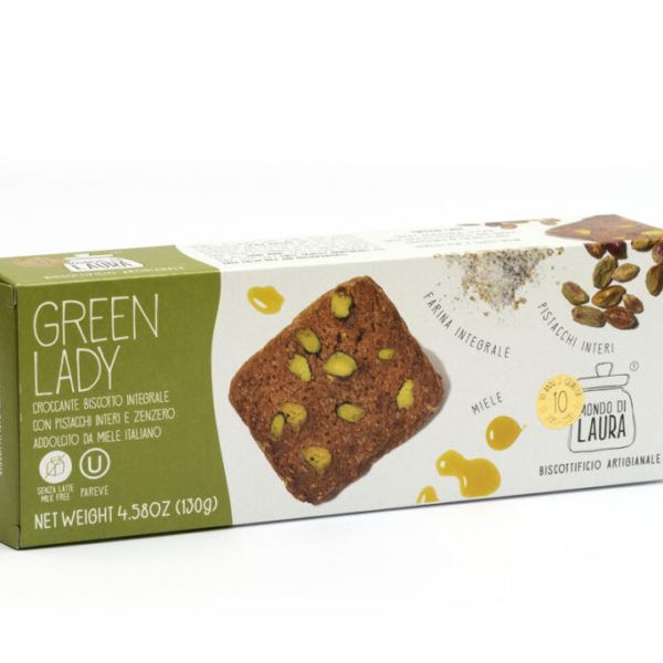 Green Lady, friabile biscotto integrale con pistacchi aromatizzato con miele e zenzero (130 g)
