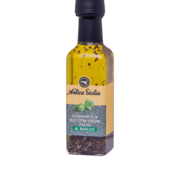 Condimento in olio e.v.o. al Basilico in bottiglia rettangolare (10 cl)